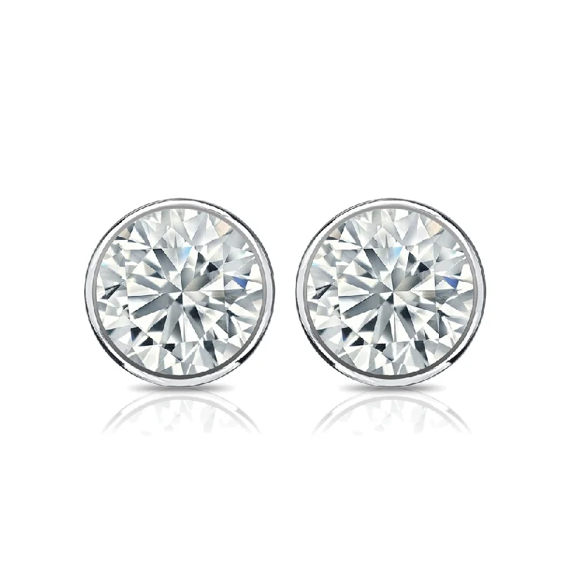 Stud Earrings with Chevron Designs -Auriya Platinum 3ctw Bezel-set Round Moissanite Stud Earrings - 7.4 mm, Push-Backs