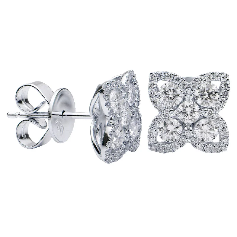 Clip On Stud Earrings for Non Pierced -Suzy Levian 18k White Gold & 0.91 TCW Diamond Flower Cluster Stud Earrings