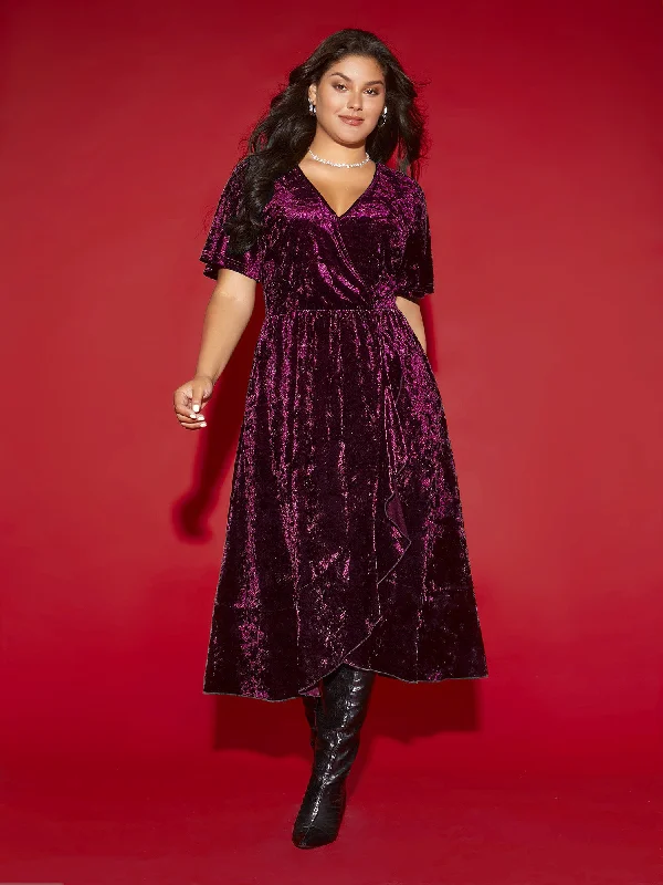 Plus size dresses with side ties cinch nicely -Velvet Surplice Neckline Ruffle Sleeves Midi Dress