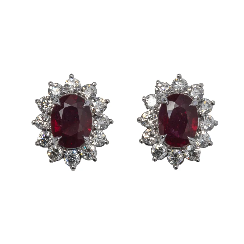 Silver Stud Earrings for Men -2.44ct Oval Ruby & 1.23ct Diamond 18K Gold Stud Earrings