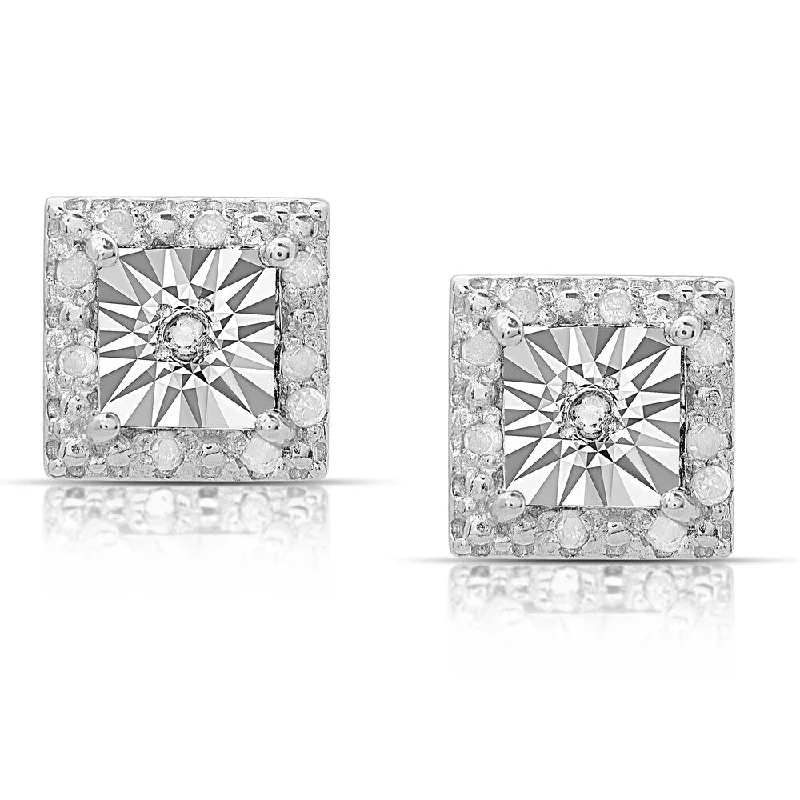 Stud Earrings for Valentine's Day -Finesque Sterling Silver 1/10ct TDW Diamond Miracle Plate Square Stud Earrings (I-J, I2-I3)