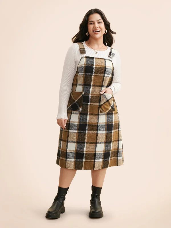 Plus size dresses with soft cotton feel comfy -Plaid Patch Pocket Overall Dress