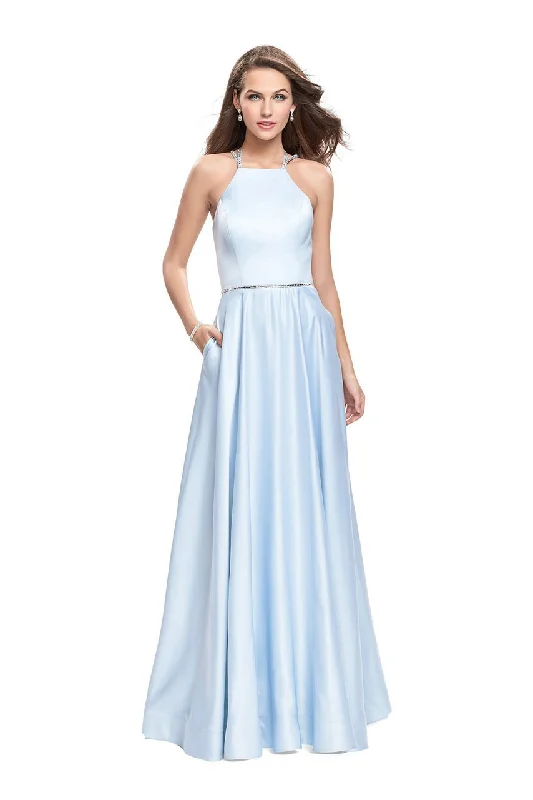 Plus size dresses with wrap fronts fit well -La Femme - 26269 High Halter Neck Stretch Satin Gown