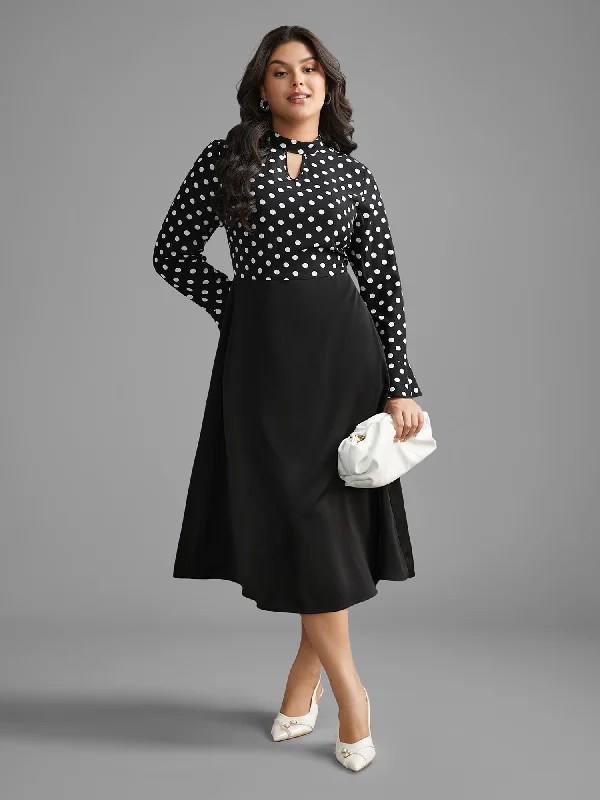 Plus size dresses with tough fabrics age well -Polka Dot Patchwork Keyhole Dress