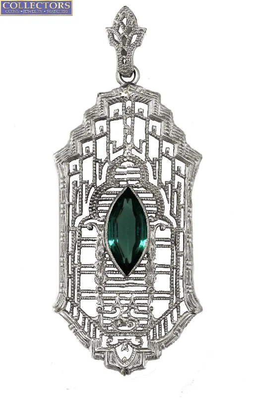 Necklaces and pendants with angel wing motifs for a spiritual, meaningful design-Antique Art Deco 14K White Gold 0.27ct Green Topaz Gemstone Filigree Pendant