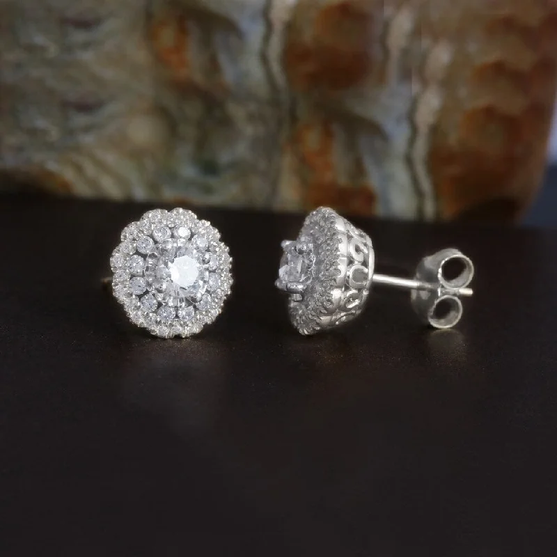 Stud Earrings with Crystals -1ct TDW Diamond Halo Stud Earrings in 10k Gold by De Couer