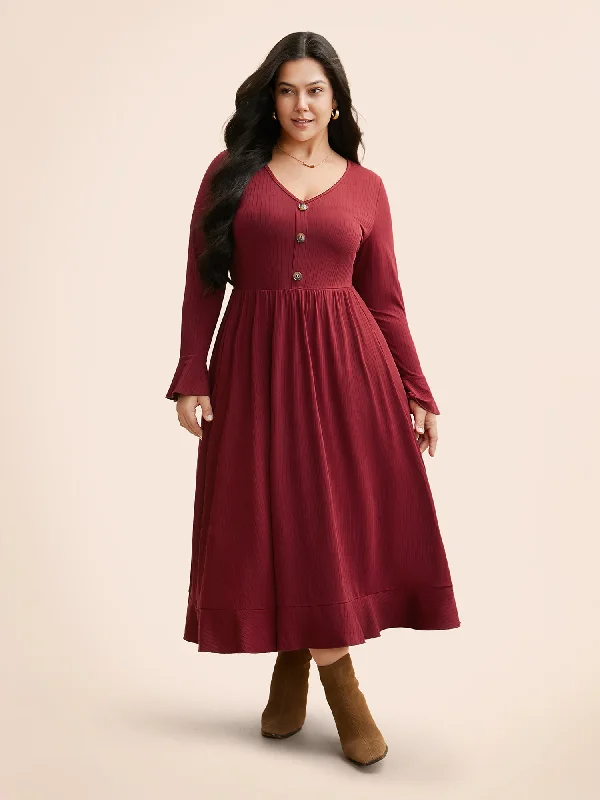 Plus size dresses for everyday wear stay tough -V Neck Button Detail Rib Knit Dress