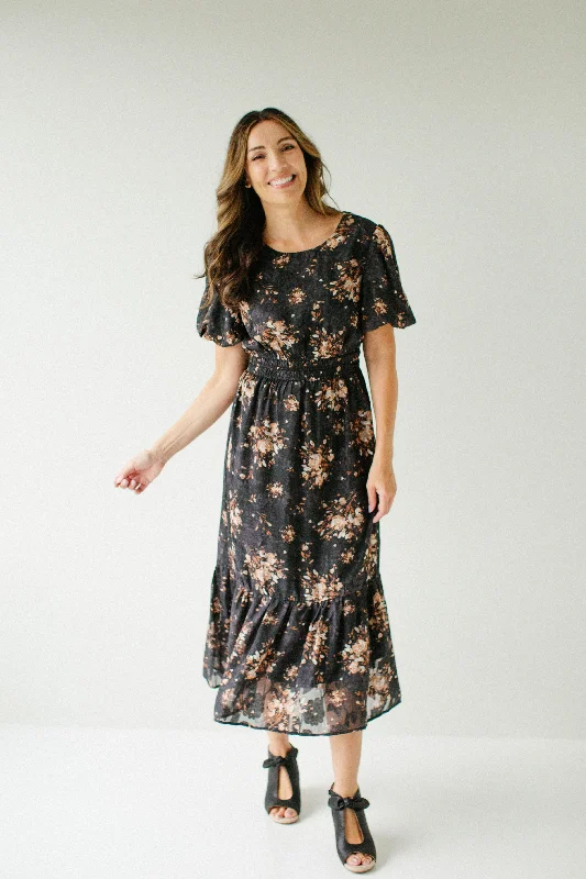 Plus size dresses with shiny threads reflect light -'Hester' Printed Jacquard Chiffon Dress in Black FINAL SALE