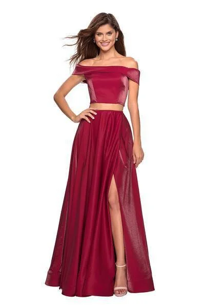 Plus size dresses featuring metallic hues shine soft -La Femme - 26919 Two-Piece Sleek Off Shoulder High Slit Gown