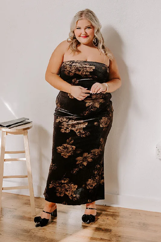 Plus size dresses with tie waists adjust perfectly -Charmed Moments Velvet Floral Maxi Dress Curves