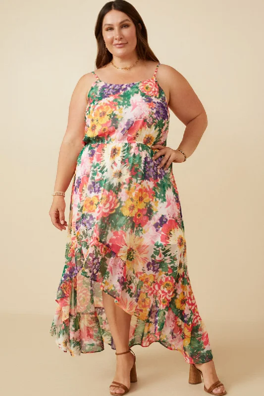 Plus size dresses featuring vibrant colors lift moods -Vivid Floral Asymmetric Ruffle Hem Dress