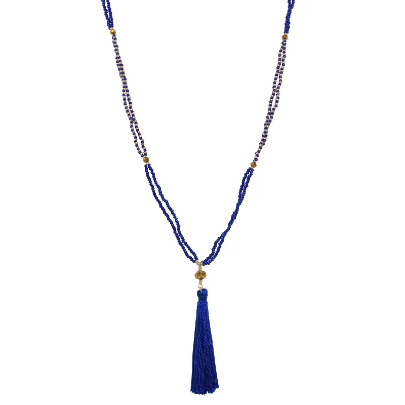 Best necklaces and pendants with rose gold for a warm and romantic appeal-Endless Blue Czech Glass Beads & Silk Tassel Necklace