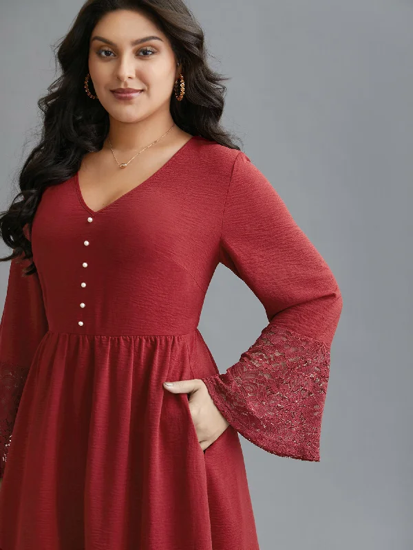 Plus size dresses for rainy days stay practical -Lace Tiered Skirt Elastic Waist V-Neck Dress