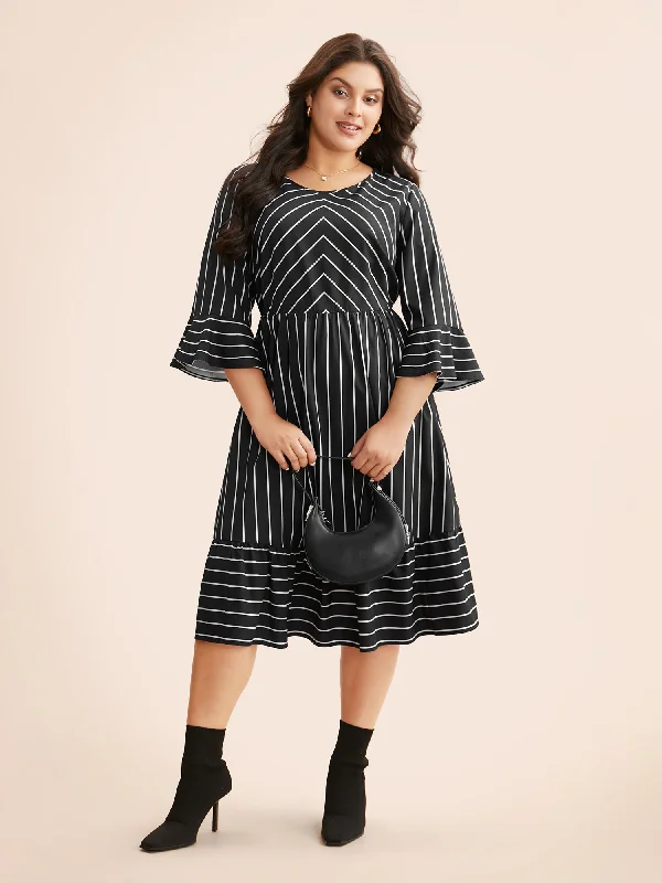 Plus size dresses featuring sequined tops glitter bright -Striped Flutter Sleeve Midi Dress