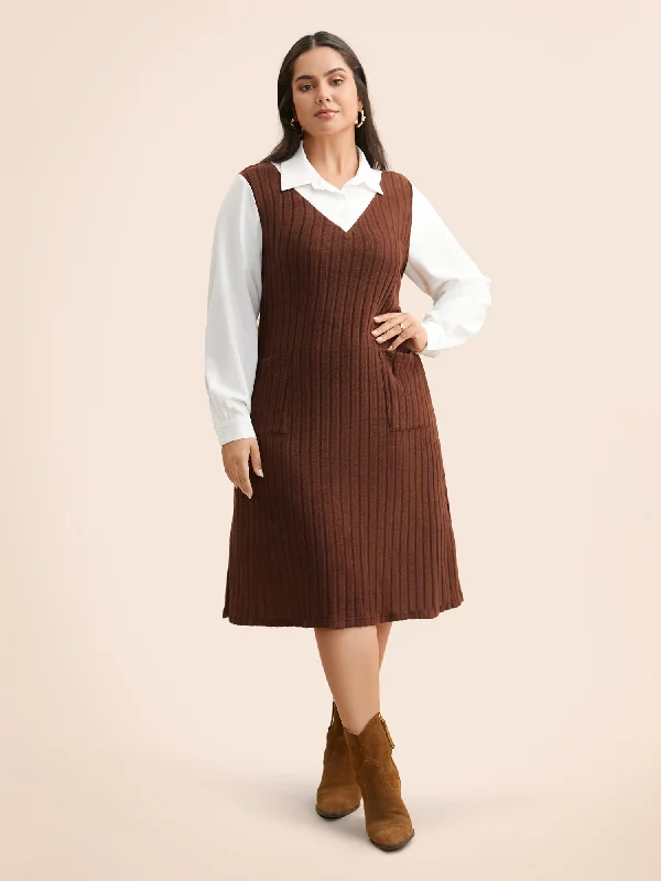 Plus size dresses with fitted bodices shape beautifully -Shirt Collar Rib Knit Patchwork Dress