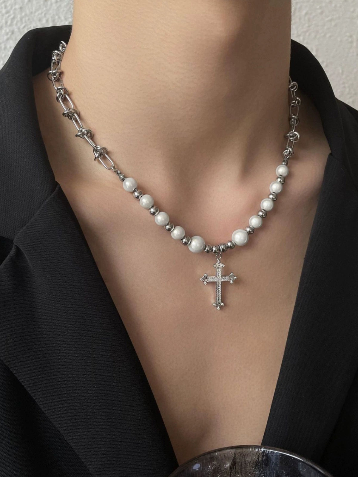 Best necklaces and pendants with layered designs for a chic, stacked look-Pearl Bead Chain Cross Necklace