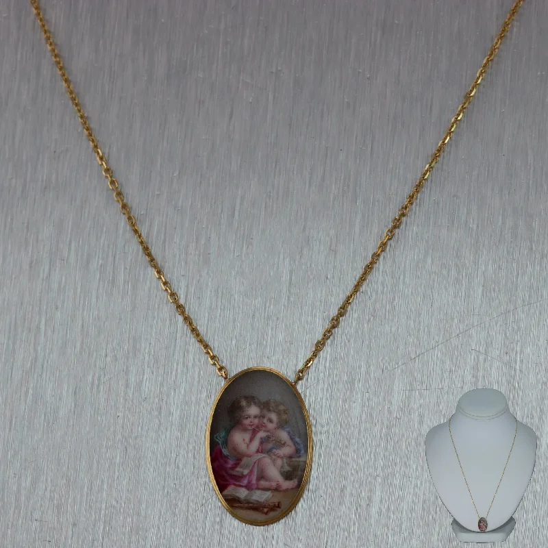 Best necklaces and pendants with infinity hearts for a romantic, eternal symbol-1880's Anituqe Victorian 14k Yellow Gold Hand Painted Porcelain 19" Necklace