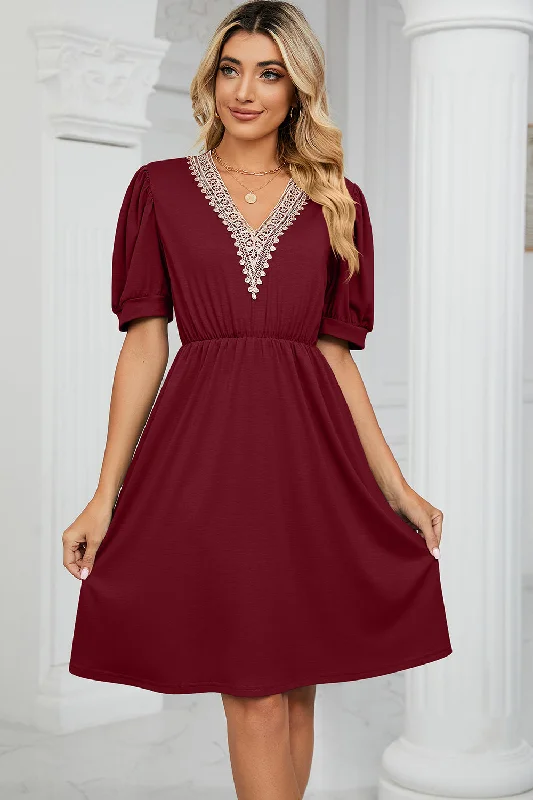 Plus size dresses for long days support fully -V-Neck Puff Sleeve Dress