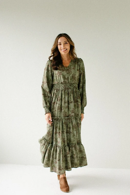 Plus size dresses with sturdy hems stay firm -'Poetry' Abstract Floral Chiffon Maxi Dress in Oak Moss