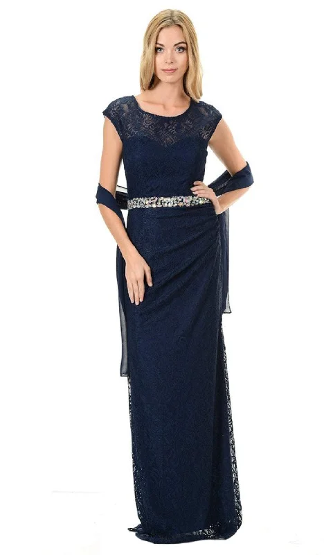 Plus size dresses for parties shine with confidence -Lenovia - 5157 Cap Sleeve Draped Lace Long Sheath Dress