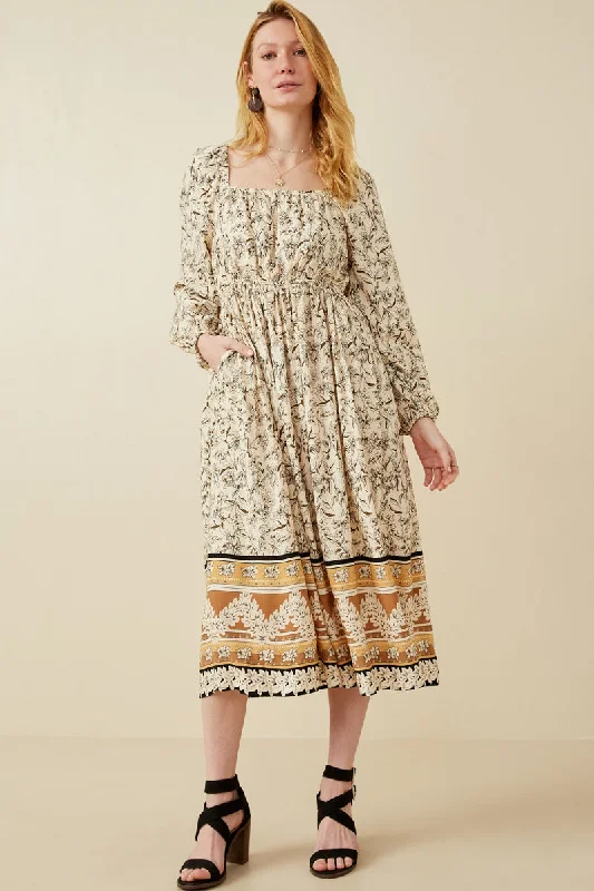 Plus size dresses with lightweight knits feel breezy -Floral Border Print Smocked Square Neck Dress