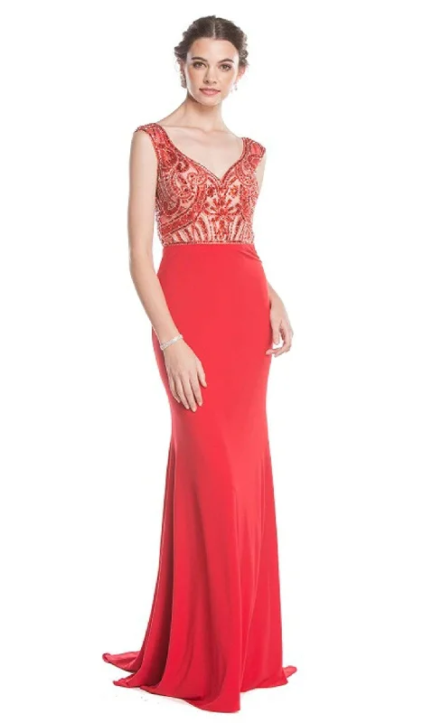 Plus size dresses featuring ombre effects look artsy -Aspeed Design - Embroidered Wide V-neck Sheath Evening Dress