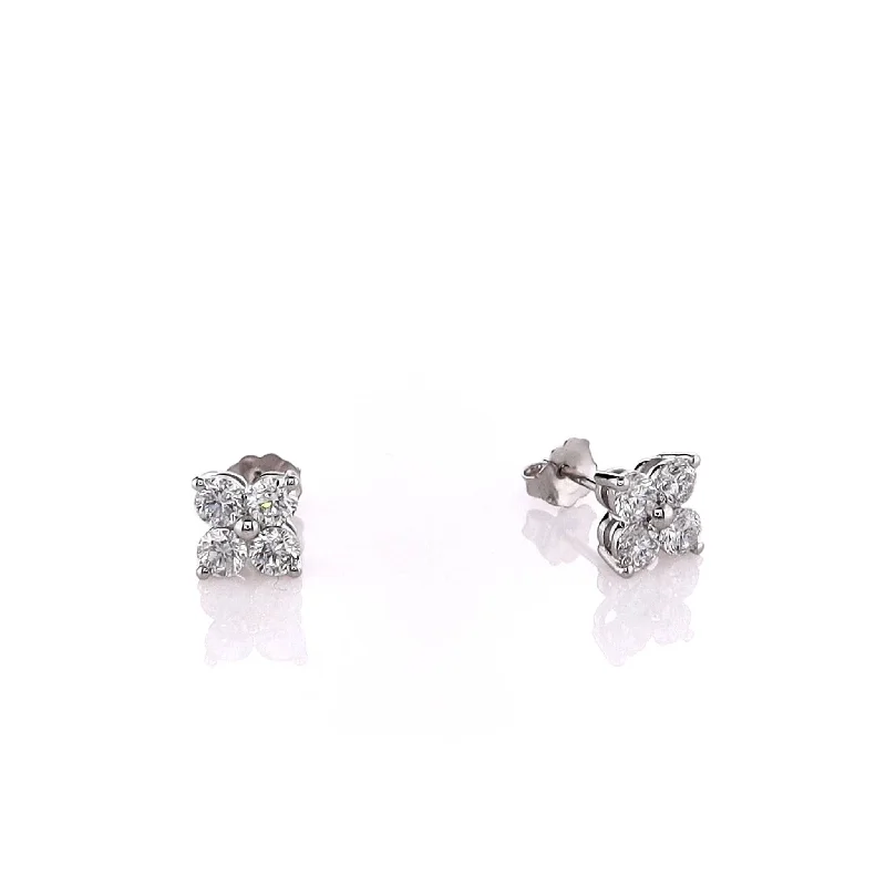 Clip On Stud Earrings for Non Pierced -14k White Gold 4 Cluster Diamond Stud Earrings