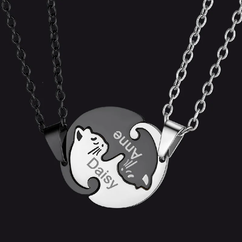 Best necklaces and pendants with statement designs for a fashionable accessory-Custom Cat Matching Puzzle Necklace Engraved 2 Names Gift For Couple Girlfriend