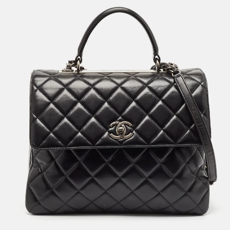 Handle bags with playful patterns for fun -Handle bags for travel with expandable compartments -Chanel Black Quilted Leather Large Trendy Cc Top Handle Bag