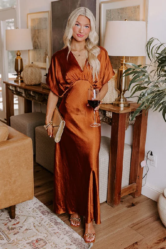 Plus size dresses featuring mesh overlays feel chic -Gala Moment Satin Maxi Dress in Dark Rust