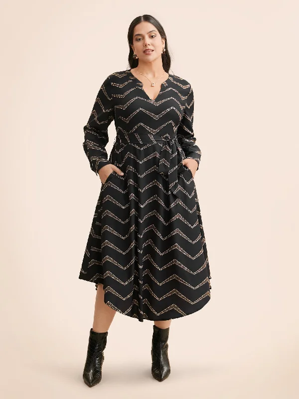 Plus size dresses for spring bloom with grace -Geometric Notched Belted Midi Dress