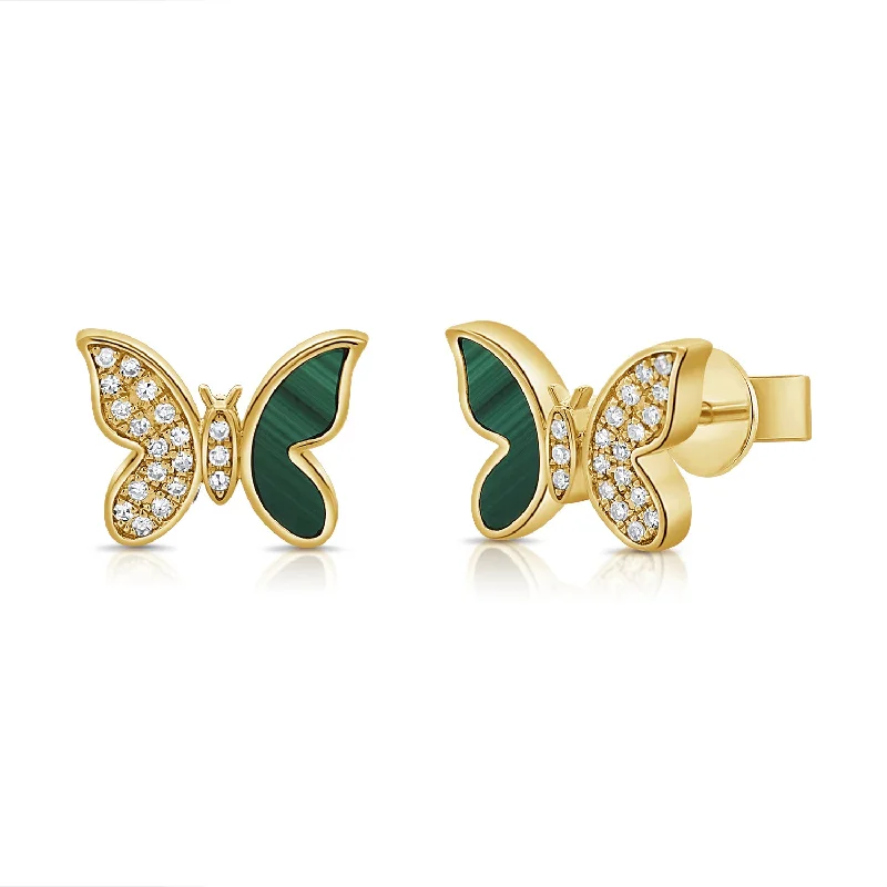 Stud Earrings for Engagement Party -Enchanting Butterfly Stud Earrings in 14K Gold with Malachite and Diamonds