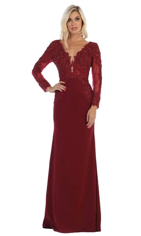 Plus size dresses with classic vibes never age -May Queen - MQ1630 Lace Appliqued Plunging V-Neck Gown