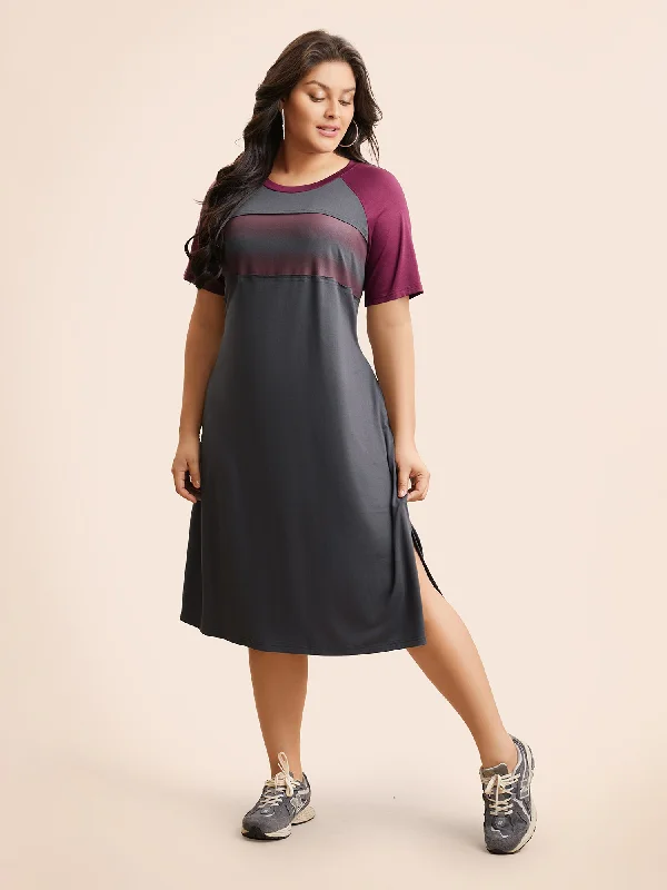 Comfortable plus size dresses for daily wear feel great -Ombre Contrast Patchwork Split Hem Dress