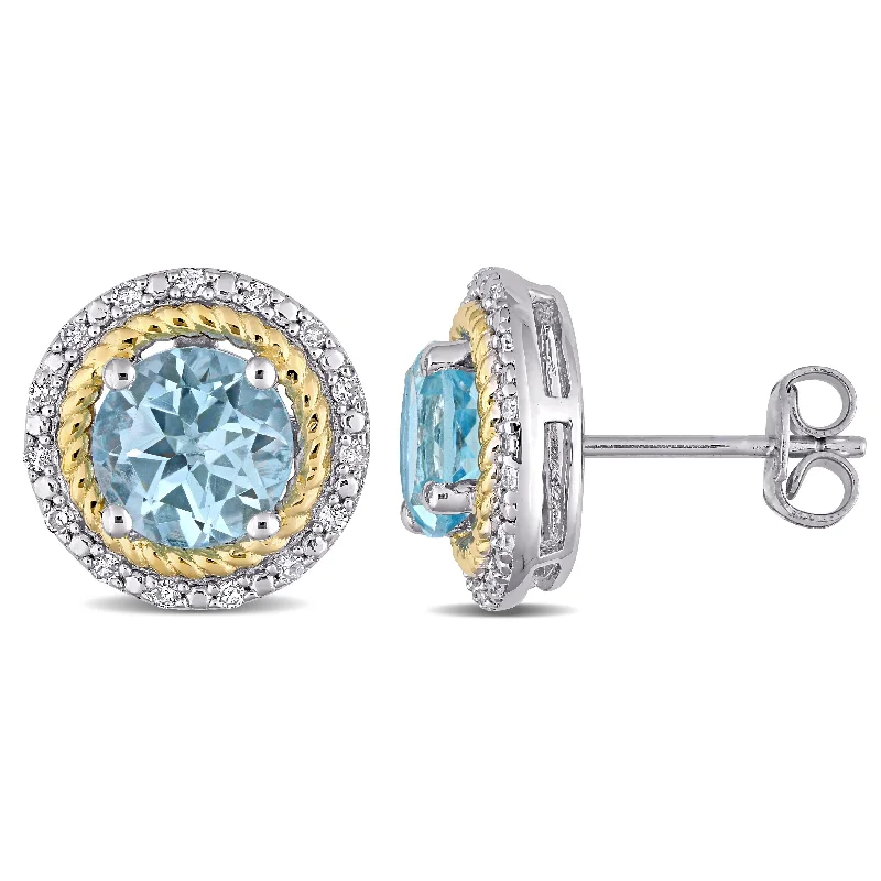 Gothic Stud Earrings with Dark Tone -Miadora 2-tone White & Yellow Sterling Silver Blue Topaz & 1/6ct TDW Diamond Halo Stud Earrings