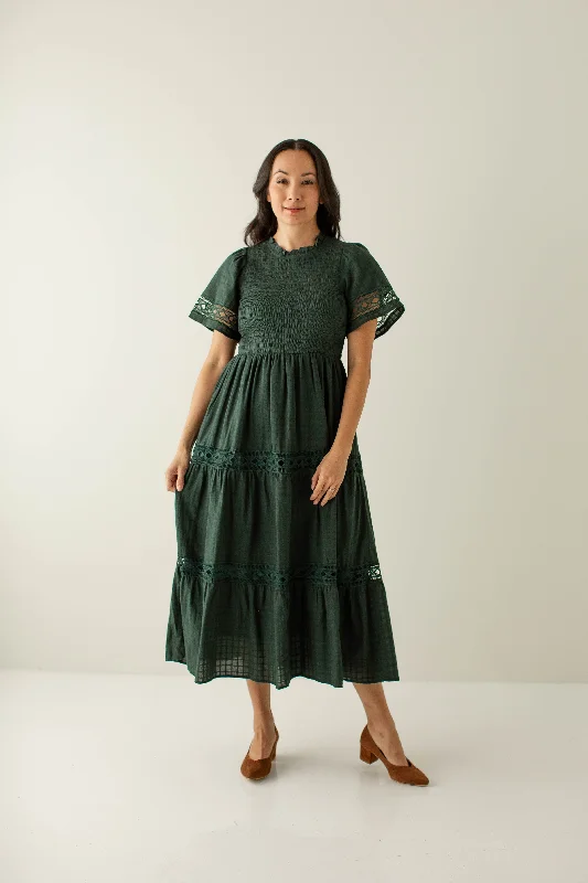 Plus size dresses with cap sleeves feel dainty -'Enya' Smocked Bodice Lace Trim Dress in Hunter Green FINAL SALE