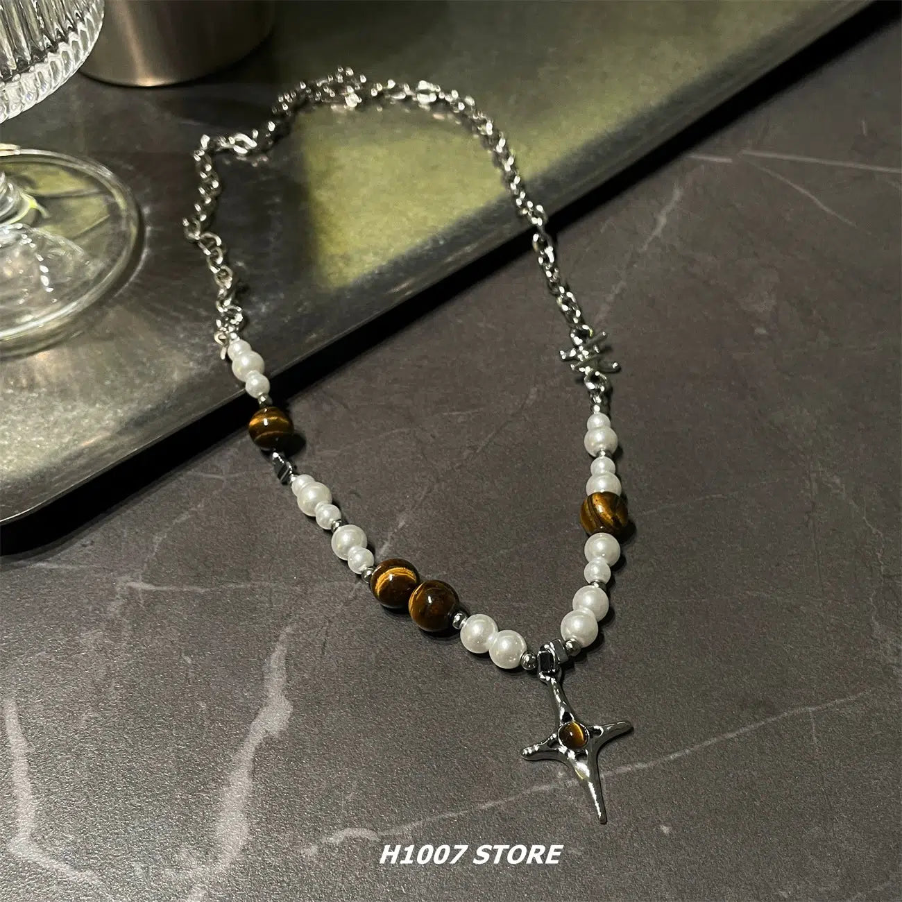 Tiger Eye Pearl Cross Necklace