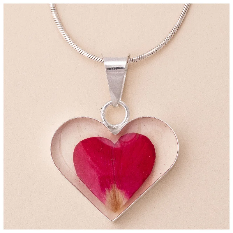 Stunning necklaces and pendants with ruby and diamond combinations for a luxurious effect-Real Flowers & Sterling Heart Petal Necklace