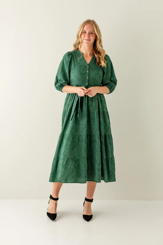 Plus size dresses with V-necks elongate figures -'Holly' Textured Button Front Tiered Maxi Dress in Hunter Green FINAL SALE