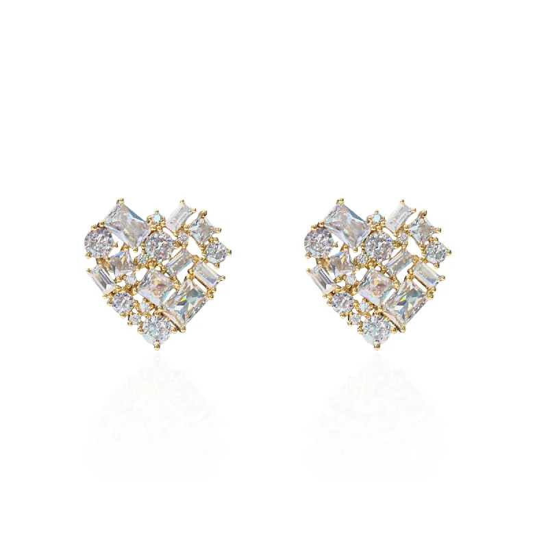 Lead Free Stud Earrings for Health -Large Heart Stud Earrings With Scattered Round and Baguette CZ Stones