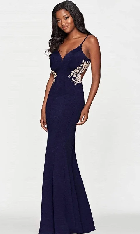 Trendy plus size dresses with bold prints stand out -Faviana - S10668 V Neck Side Detailed Long Gown