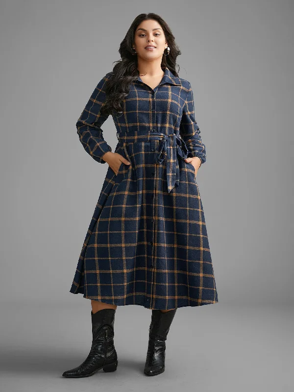 Plus size dresses with bold stripes add flair -Plaid Button Through Belted Dress