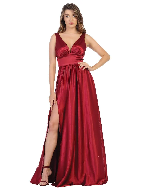 Plus size dresses featuring maxi lengths flow gracefully -May Queen - MQ1723 Plunging V-Neck Empire High Slit Dress