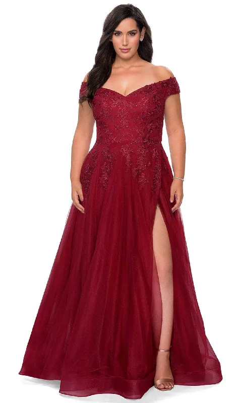 Plus size dresses with high waists define curves -La Femme - 28950 Embroidered Off-Shoulder Modest Prom Gown