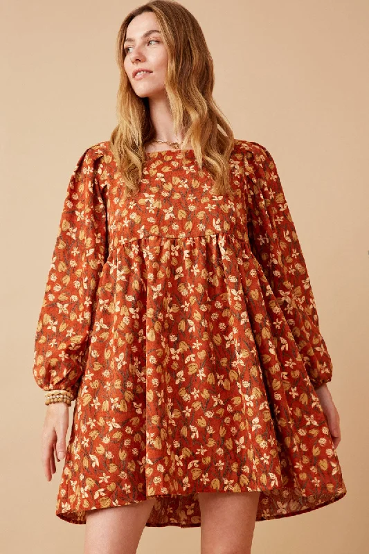 Plus size dresses for outdoor parties stay fun -Floral Printed Corduroy Pleated Sleeve Dress