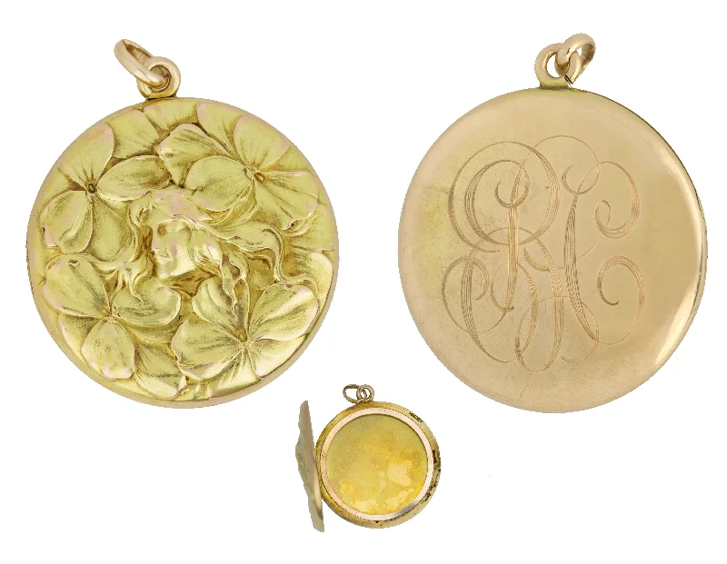 Necklaces and pendants with engraved messages for a deeply personal, sentimental gift-1920's Antique Art Nouveau 14K Yellow Gold Lady Floral Engraved Locket Pendant