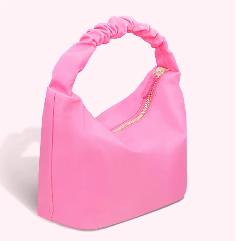 Foldable handle bags for easy storage convenience -Fashionable handle bags with minimalistic design -Nylon Scrunch Handle Bag In Bubblegum