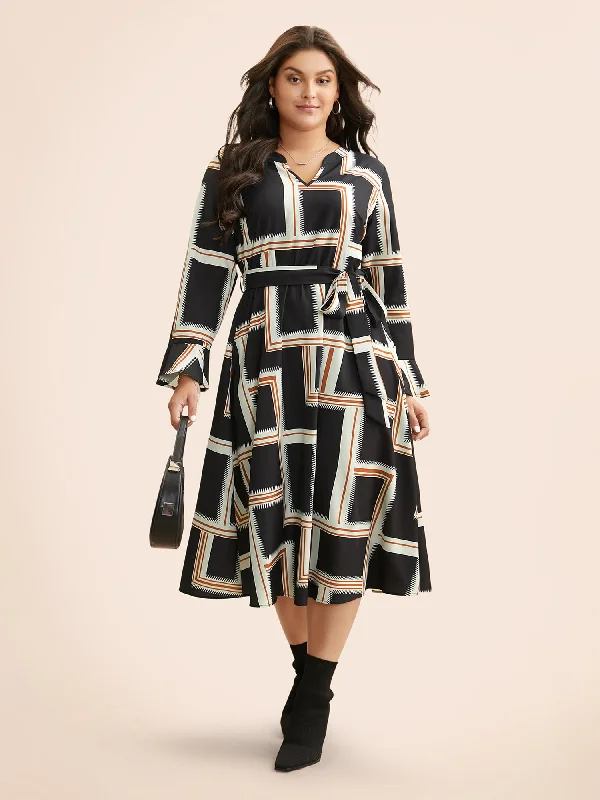 Plus size dresses featuring chiffon layers feel airy -Notched Collar Geometric Contrast Belted Dress