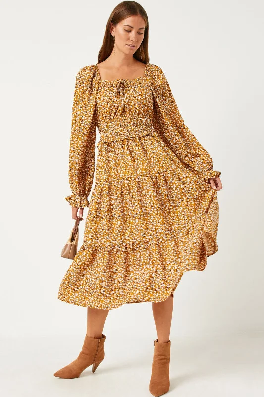 Plus size dresses with classic vibes never age -Smocked Waist Square Neck Floral Midi Dress