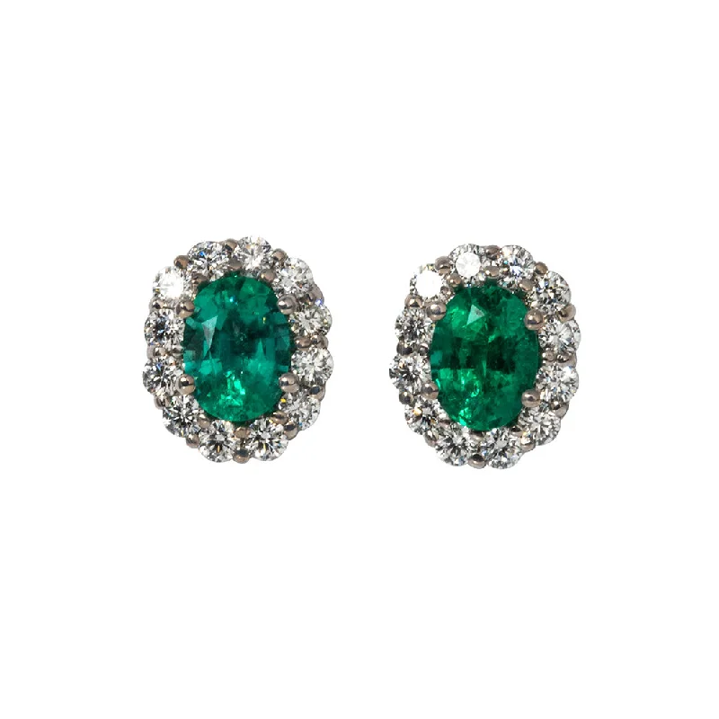 Animal Print Stud Earrings for Fun -Oval Emerald & Diamond Cluster 18K Gold Stud Earrings